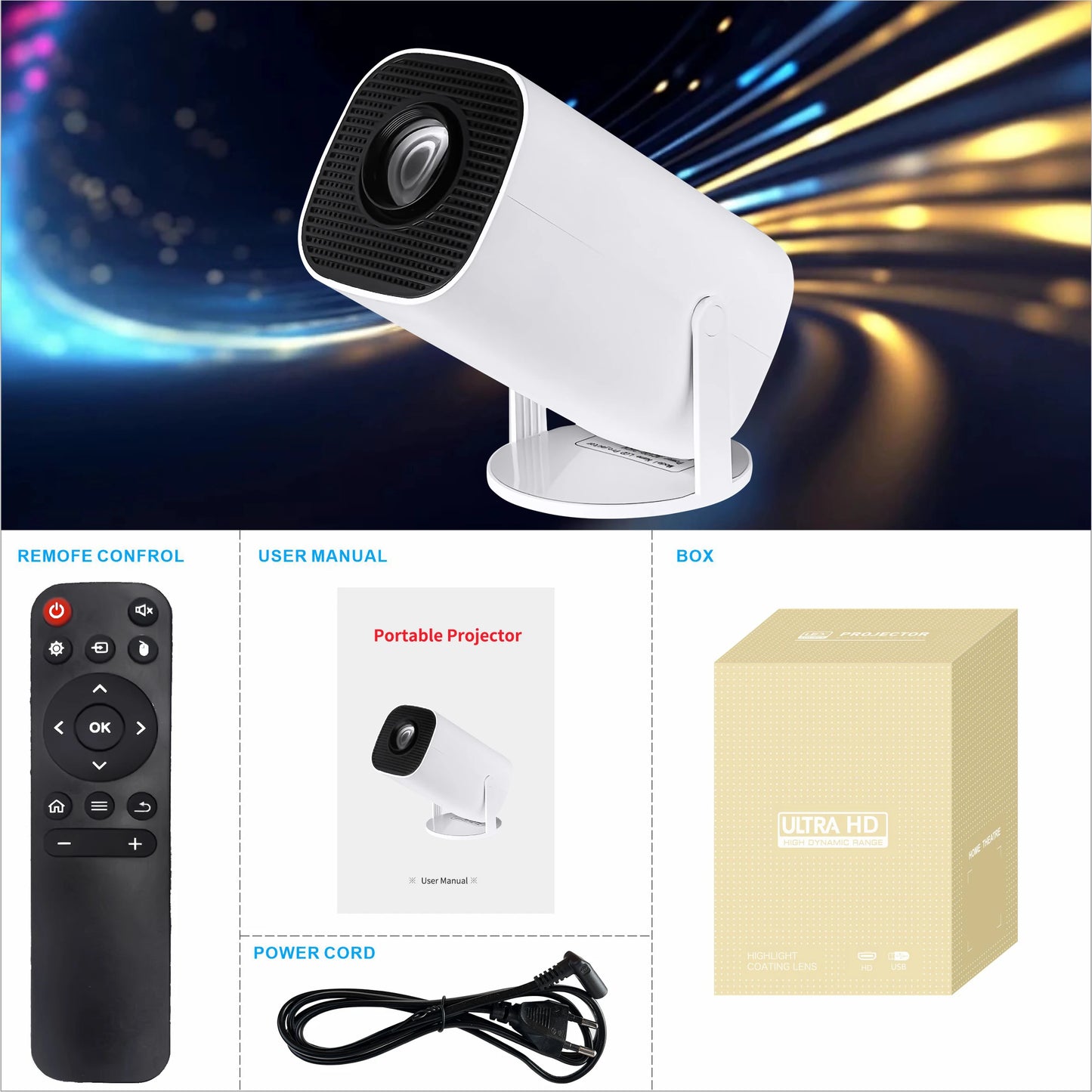 Smart Mini Portable Projector 4K Android11.0 720P Native 1280*720P Dual WIFI6 BT5.0 Outdoor Cinema Beam Projector Auto Keystone